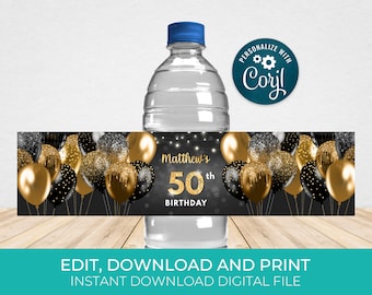 Black & Gold Water Bottle Label Template, Water Wrappers, Birthday Party Favors Editable, Digital Download BPB BGB