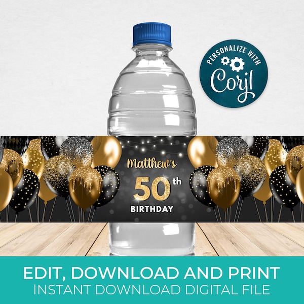 Black & Gold Water Bottle Label Template, Water Wrappers, Birthday Party Favors Editable, Digital Download BPB BGB