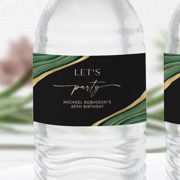 Emerald Green Black & Gold Water Bottle Label Template - Water Wrappers - Party Favors - Let's Party - Editable Digital Download 0300EGG