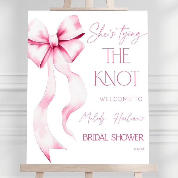 She's Tying The Knot Bridal Shower Welcome Sign Template - Coquette Pink Ribbon Bow Minimalist - Pink Bridal - 1610B