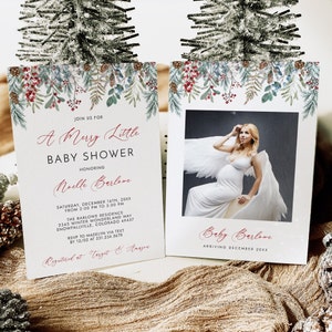 Un allegro invito per baby shower - Rustico Boho Christmas Greenery con bacche Baby Shower - Download digitale stampabile CP150BBS