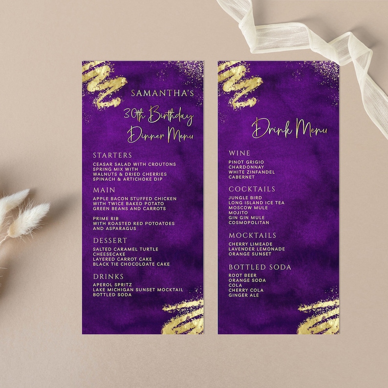 Luxury Purple and Gold Menu Card + Drink Menu Template - Digital ...