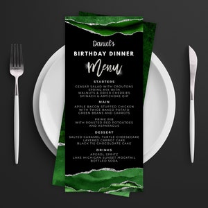 Menú verde y plateado - Plantilla de menú y menú de bebidas Plantilla de menú para eventos Descarga digital instantánea Imprimible Editable AGT APBGS