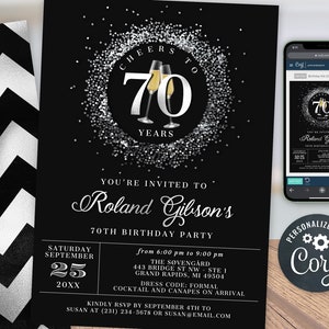 Cheers 70th Birthday Invitation SEVENTY Party Silver Glitter Sparkle Champagne Digital Instant Download 5x7 Printable Editable BP108