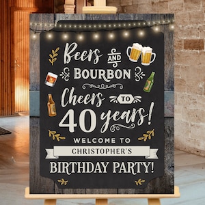 Affiche de signe de bienvenue de fête d&#39;anniversaire de bières et de bourbon tout âge Tableau noir et bois Téléchargement instantané CBBP modifiable