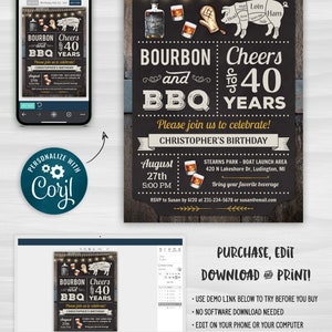 May include: Editable invitation for a 40th birthday party with a rustic wood background. The invitation features a chalkboard with the text "Bourbon and BBQ Cheers to 40 Years". The invitation also includes details about the party, such as the date, time, and location. The invitation is customizable and can be printed at home.