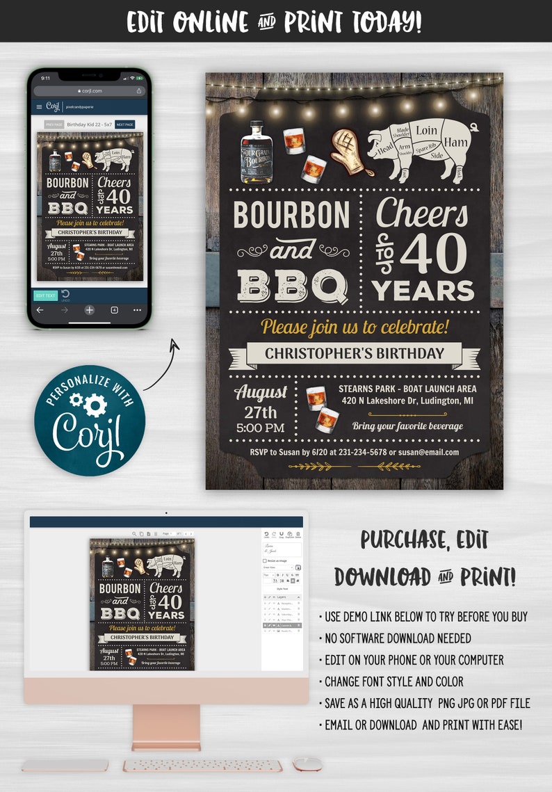 May include: Editable invitation for a 40th birthday party with a rustic wood background. The invitation features a chalkboard with the text "Bourbon and BBQ Cheers to 40 Years". The invitation also includes details about the party, such as the date, time, and location. The invitation is customizable and can be printed at home.