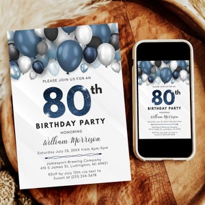 Balloons 80th Birthday Invitation - Adult EIGHTY Birthday Invite - Blue & White Birthday Party - Digital Instant Download - B40 BP40C
