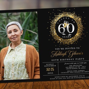 Cheers 60th Birthday Photo Invitation SIXTY Party Silver Gold Glitter Sparkle Champagne Digital Instant Download 5x7 Template BP108B