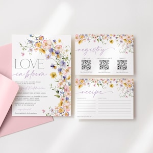 Love in Bloom-suite met bruidsdouche-uitnodiging - thema met wilde bloemen bloemen vrijgezellenfeest - bewerkbare digitale download 5016-BDS