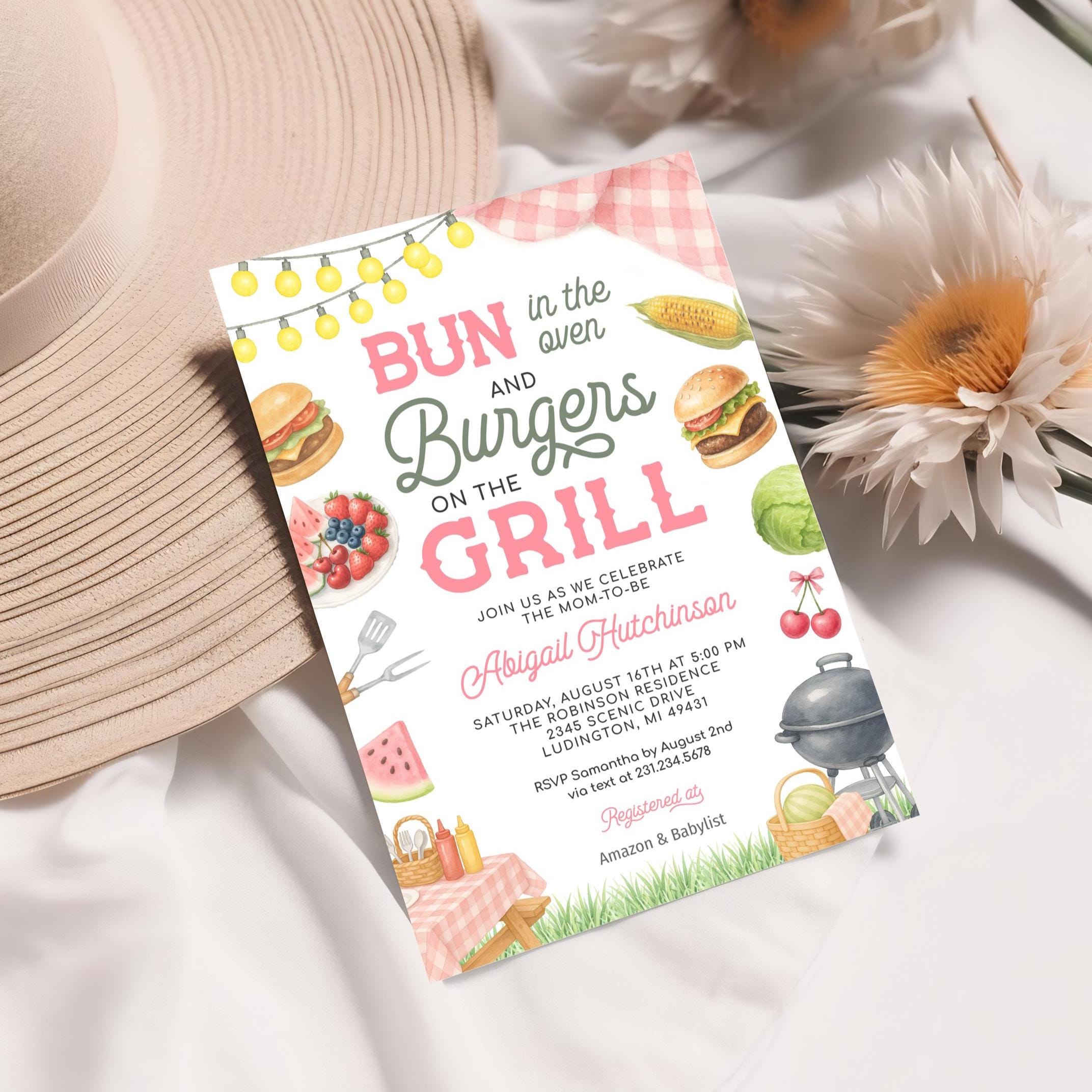 Pink Bbq Pattern Pink BBQ Baby Shower Invitation Suite – Bun in the Oven and Burgers on ...