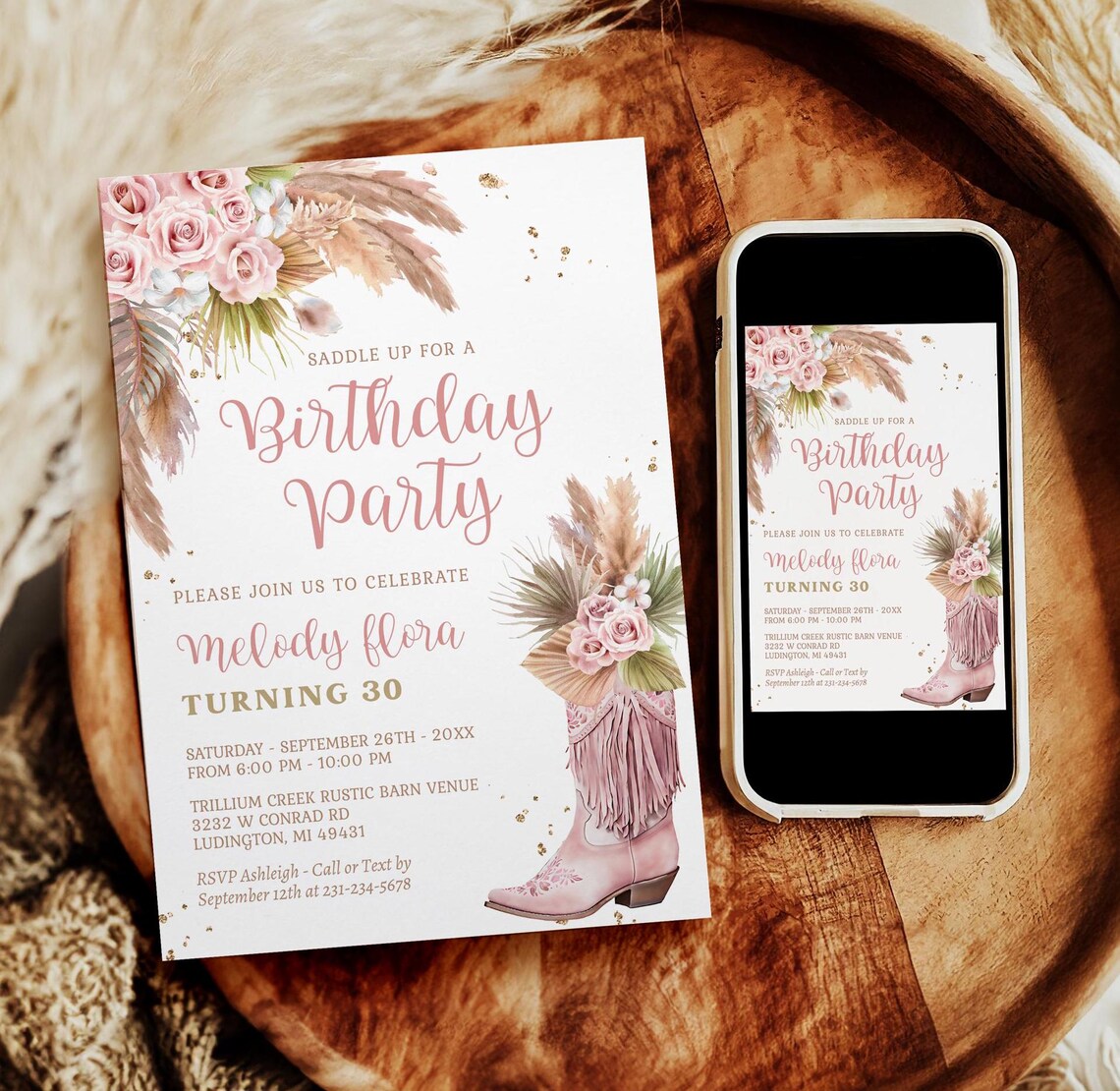 Editable Cowgirl Boot Birthday Invitation With Pampas Grass and Roses ...