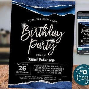 Blue Agate Birthday Invite Silver Glitter Vein, Adult Birthday Invitation Digital Instant Download Editable, AGT APBBL