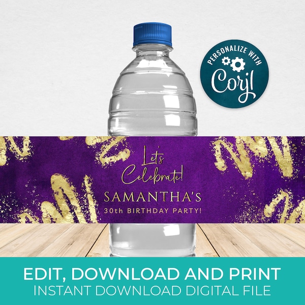 Purple & Gold Water Bottle Label Template, Water Wrappers, Birthday Party Favors Editable, Digital Download BPG BP141