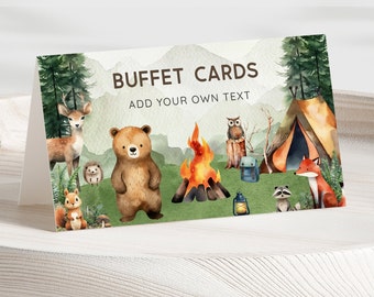 May include: Buffet cards with a woodland theme. The cards feature a campfire, a tent, a bear, a deer, a squirrel, a raccoon, an owl, and a hedgehog. The text on the cards reads "Buffet Cards" and "Add Your Own Text".