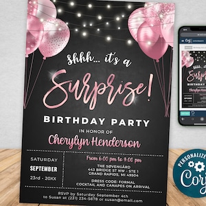 Surprise Birthday Invitation - Black and Pink - Editable Template - Digital Instant Download 5x7 Printable Editable BPB BGPP