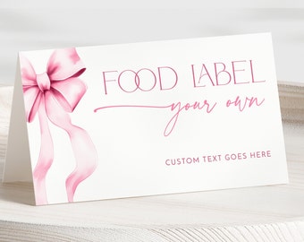 Pink Bow Bridal Shower Food Label Tent Card Template - Editable Food Tag - Pink Ribbon Bow Wedding Shower - 1610B