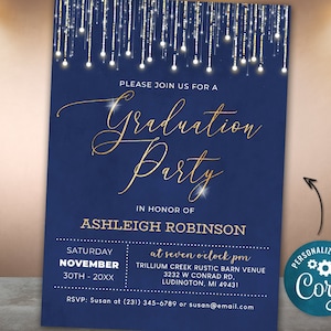 Graduation Party Invitation Elegant Invite Blue and Gold Sparkle Glitter Graduation Invitation Digital INSTANT DOWNLOAD Editable