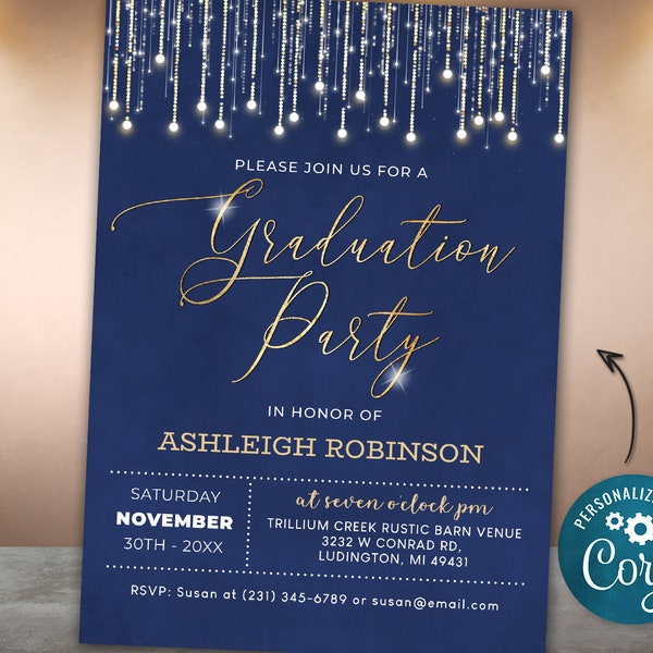 Graduation Party Invitation Elegant Invite Blue and Gold Sparkle Glitter Graduation Invitation Digital INSTANT DOWNLOAD Editable