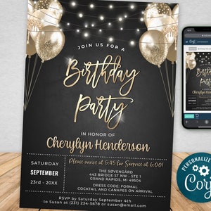 Black and Champagne Gold Birthday Invitation Editable Template - Digital Instant Download 5x7 Printable Editable BPB BGCG
