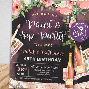 May include: Invitation to a paint and sip party to celebrate Natalie William's 45th birthday. The invitation features a watercolour floral design, paintbrushes, and a palette of watercolours. The party is on Saturday, 28th August at seven o'clock pm at The Book Nook & Java Shop. RSVP by 8th August to Susan at 231-234-5678.