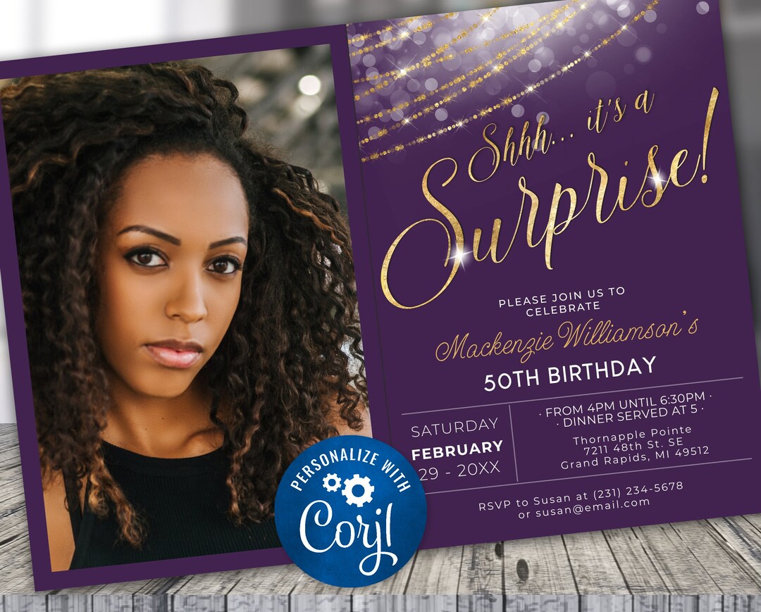 Surprise Birthday Invitation Photo Invite Party Plum Purple & Gold