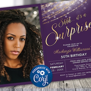 Surprise Birthday Invitation Photo Invite Party Plum Purple & Gold Invitation Glitter  Invite Digital INSTANT download Editable