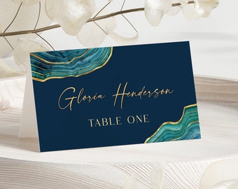 Teal Blue Green and Gold Place Card Template - Modern Tent Card Template Digital Instant Digital Download Printable Editable 0300TBG