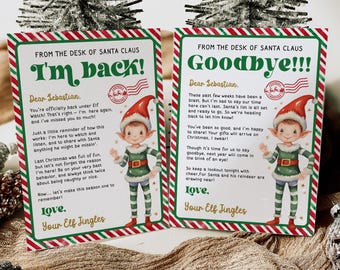 May include: Two printable Christmas cards featuring an elf illustration. The first card says "I'm back!" and the second card says "Goodbye!!!". Both cards have a red and green striped border and a red and green background.