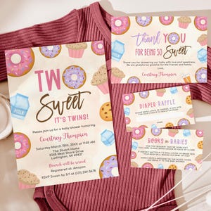 Zwei süße - Zwillinge Mädchen-Babyparty-Einladungs-Set - Windel-Verlosung, Bücher für Baby, Dankeskarte - Sofortiger Download Bearbeitbar BS15 BS15EP