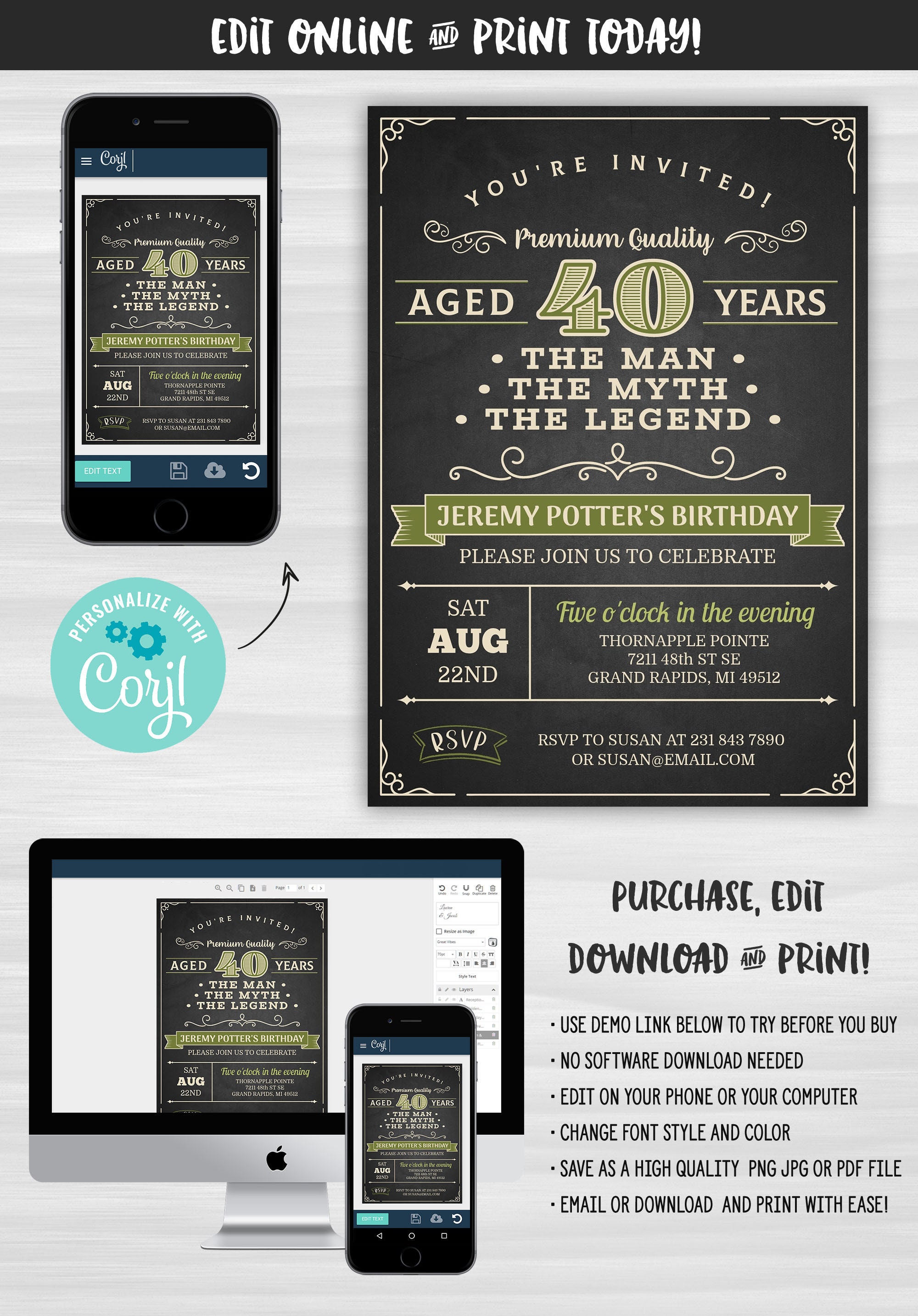 40th Birthday Invitation FORTY Party Vintage Dude The Man The - Etsy España