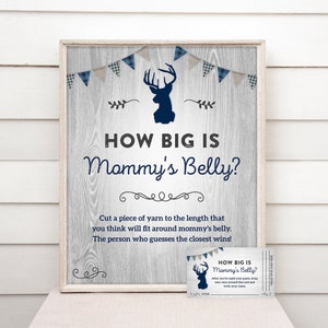Jogo editável Little Buck How Big is Mommy's Belly Placa + Modelo de cartão - Placa de chá de bebê para menino - DOWNLOAD INSTANTÂNEO - Xadrez, Azul-acinzentado BBS5