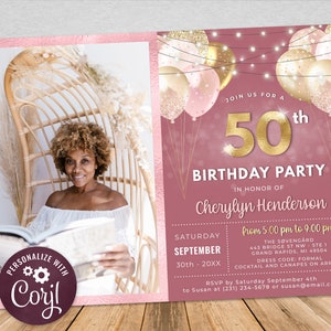50th Birthday Pink and Gold Photo Invite - Sparkle Balloons Invitation Template - Digital Instant Download 5x7 Editable BPB BGBP V3