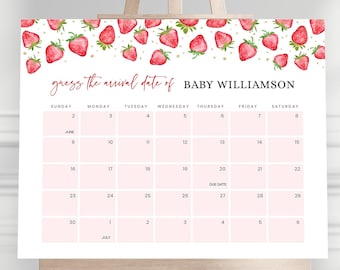 Puede incluir: Un calendario rosa y blanco con un borde de fresas y confeti dorado. El calendario es para junio y julio y tiene el texto "adivina la fecha de llegada de BABY WILLIAMSON" en la parte superior.