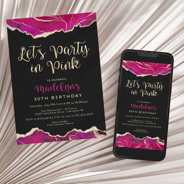 Hot Pink, Black and Gold Birthday Invitation Template - Elegant Birthday Invitation - Digital Download - 0310AP