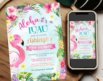May include: A pink flamingo with gold glitter accents is featured on a blue and green tropical themed invitation. The invitation reads "Aloha it's a Luau hula on over for Ashleigh's Fifth Birthday!" with details for the event including the date, time, address, and RSVP information. The invitation also includes the text "Don't forget your swimsuit!"