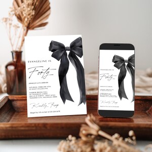 Black Bow Birthday Invitation Template - 40th Birthday Party - Minimalist Black Bow Invite - Editable Digital Download 5011
