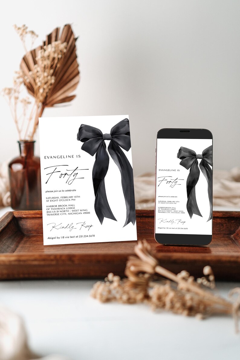 Black Bow Birthday Invitation Template - 40th Birthday Party - Minimalist Black Bow Invite - Editable Digital Download 5011