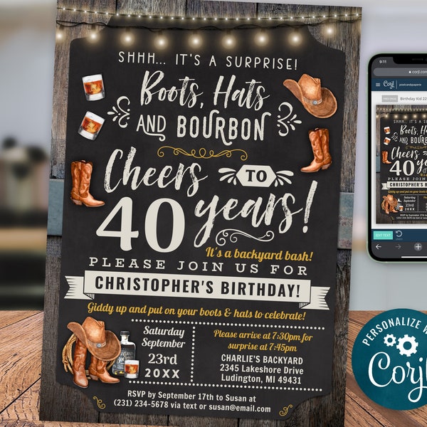 Any Age - Boots Hats and Bourbon Barbecue Surprise Birthday Party Invitation Digital INSTANT Download Editable adult Mens Womens CBBP