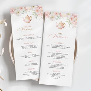 Tea Party Brautdusche Menü - Zeit für Tee mit der Braut zu sein - Blush Pink Floral Tea Party Zeichen - Bearbeitbarer Digitaler Download 5008