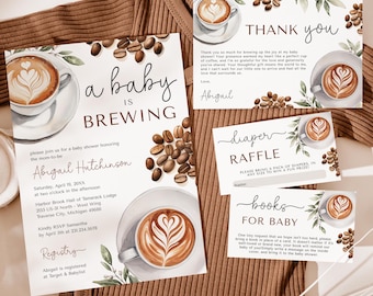 May include: A baby shower invitation with a coffee theme. The invitation features a watercolor illustration of a cup of coffee with a heart design in the foam. The text "a baby is brewing" is written in brown script. The invitation also includes details about the shower, including the date, time, location, and RSVP information.