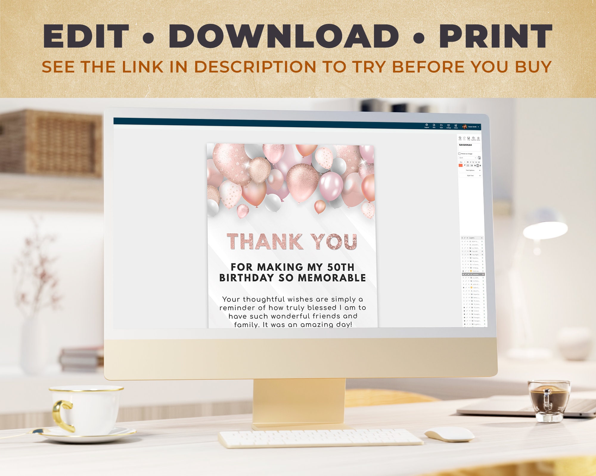 Editable Birthday Thank You Card Template Rose Gold, Pink & White With ...