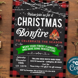 Christmas Bonfire Invitation, Flannel Christmas Party Invite, Holiday Party Invitation, Rustic Winter Invitation - INSTANT DOWNLOAD Editable