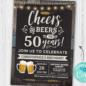 50th Cheers and Beers Birthday Party Invitation FIFTY Chalkboard & Wood Digital INSTANT Download 5x7 Editable adult mens male CBBP