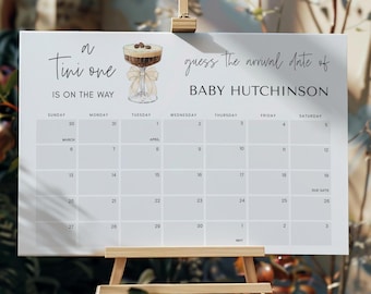 May include: A white calendar with a gray grid and black numbers. The calendar is for March and April. The text "A Tini one is on the way" is at the top of the calendar. The text "guess the arrival date of BABY HUTCHINSON" is at the top of the calendar. A drawing of a cocktail glass with a brown drink and whipped cream is in the top left corner.