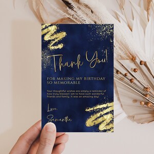 Modelo de cartão de agradecimento azul marinho e dourado de luxo - Obrigado editável - Aniversário para mulheres e homens - Download digital editável BPG BP140