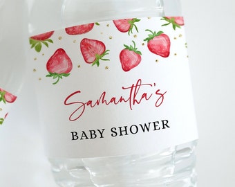 Strawberry Baby Shower Water Bottle Label Wrapper Template - Berry Sweet Baby Shower - Girl Baby Shower - Printable Digital Download 1418BBS