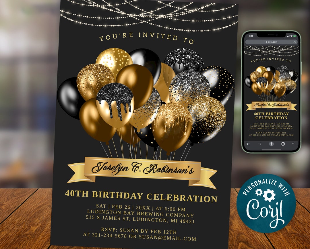 Black and Gold Birthday Invitation Template Digital Instant Download