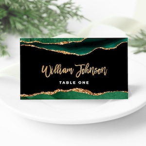 Modello di segnaposto verde smeraldo e oro - Modello di segnaposto modificabile digitale Download digitale istantaneo Stampabile Modificabile AGT APBGG