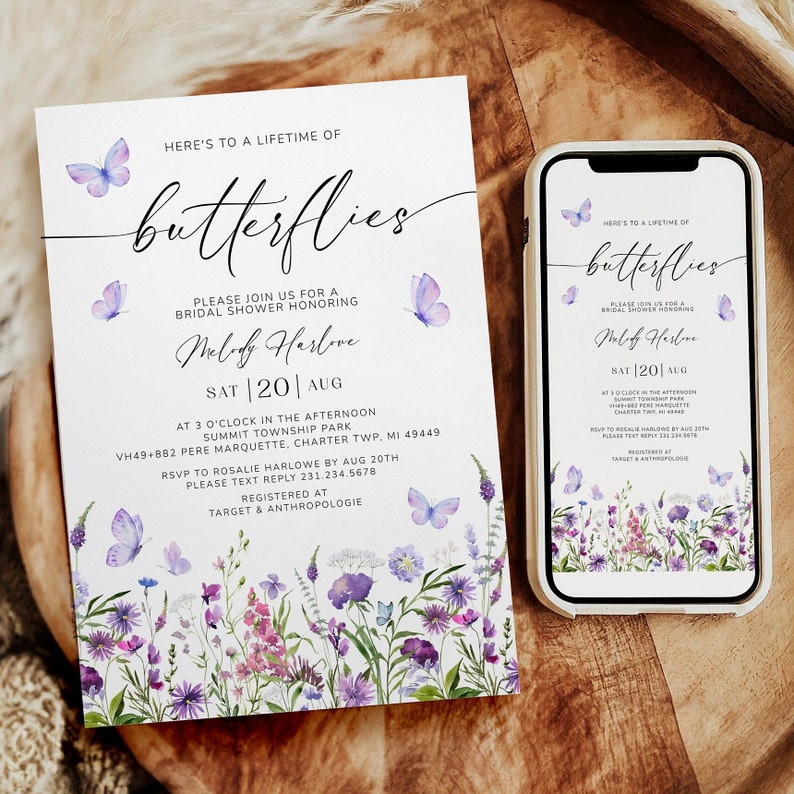 Puede incluir: Una invitaci&oacute;n blanca con un dise&ntilde;o de mariposa de acuarela y el texto "Here's to a lifetime of butterflies" y "Please join us for a bridal shower honoring Melody Harlove". La invitaci&oacute;n incluye la fecha, la hora y la ubicaci&oacute;n del evento. La invitaci&oacute;n tambi&eacute;n incluye el texto "Registered at Target & Anthropologie".